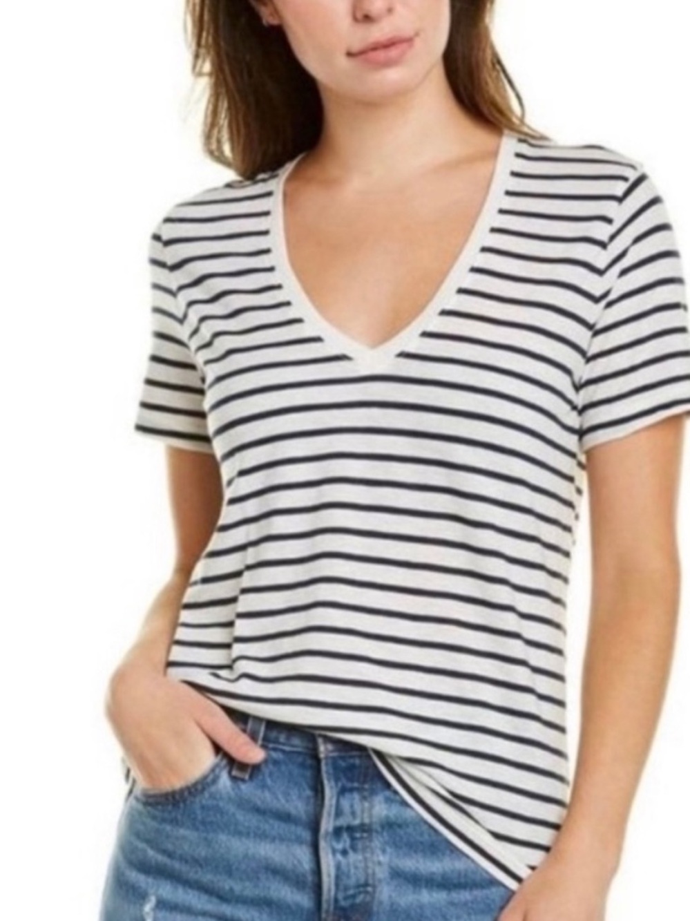 ❗️J. Crew Girlfriend Cotton White & Navy Stripec V-Neck Short Sleeve Tee NWT $45